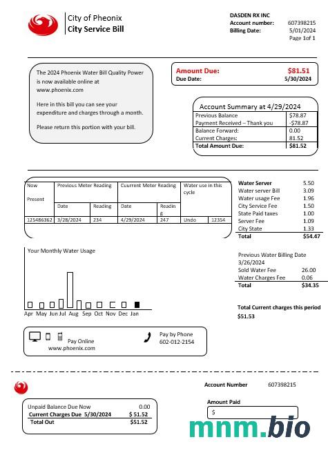 USA Arizona City of Phoenix rachunek za usługi komunalne szablon w formacie Word i PDF